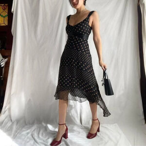 BCBG MAXAZRIA black and nude tan asymmetrical silk polka dot dress